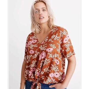 Madewell Hillside Daisies Brown Floral Tie Front V-Neck Short Sleeve Top Size M